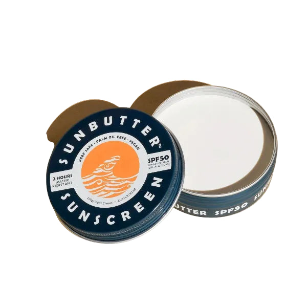 Tin of Sunbutter chemical free sunscreen against a white background